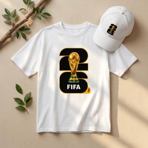 Może przedstawiać: Biała koszulka i czapka z daszkiem z grafiką złotego trofeum z napisem "FIFA". Grafika jest umieszczona na czarnym tle z numerem "26". Czapka ma tę samą grafikę.
