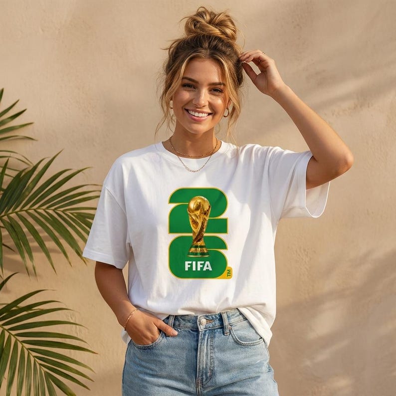Może przedstawiać: Biała koszulka z zielono-złotą grafiką FIFA. Projekt zawiera trofeum FIFA i napis "FIFA" w kolorze białym. Koszulka wykonana jest z miękkiego materiału i nadaje się do noszenia na co dzień.