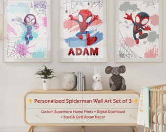 Spiderman Poster Set of 3 Custom Print, Spidey Superhero Themed Nursery Decor, Personalised Name for Boys & Girls Room