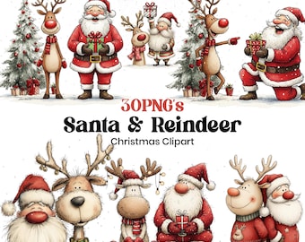 Santa & Reindeer Christmas Clipart Bundle, 30 Festive Holiday PNGs, Funny Santa Cartoon Illustrations, Xmas Digital Download Graphics