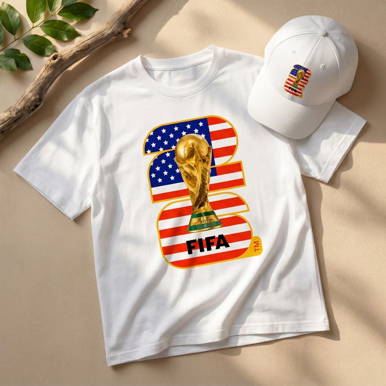 Może przedstawiać: Biała koszulka i czapka z daszkiem ze złotym trofeum i napisem "FIFA" w amerykańskim wzorze flagi. Przedmioty są prezentowane na neutralnym tle.