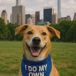 May include: A smiling tan dog wearing a blue bandana with the text "I DO MY OWN STUNTS" in white. The dog is in a park with a city skyline in the background.