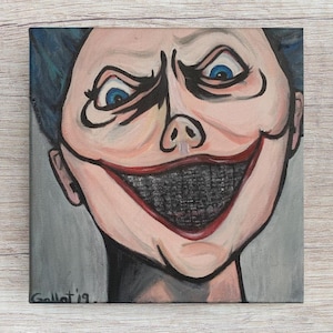 Metal Mouth Creepy Grin Original Oil Painting on Stretched Canvas, Frameless
