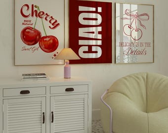 Red Cherry Art Print Set: Modern Fruit Wall Art (Digital Download)