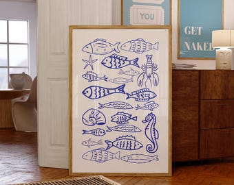 Blue Ocean Creatures Art Print: Coastal Sea Life Illustration (Digital Download)