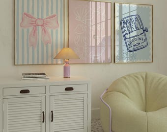 Sardines and Bows Wall Art Trio: Pastel Indie Decor (Digital Download)