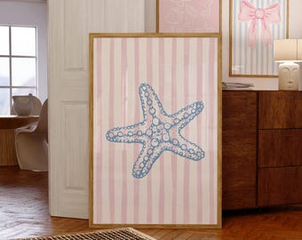 Blue Starfish & Pink Stripes Print Poster: Beach House Style (Digital Download)