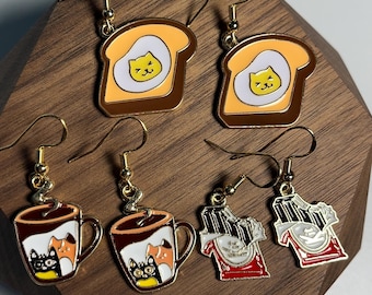 Cozy Snack Earrings - Cat Egg Toast, Cafe Mug and Chocolate Bar Variations Cottagecore Food