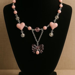 Kawaii Pink Beaded Necklace with Bow/Pastel Fairycore Jewelry Gift