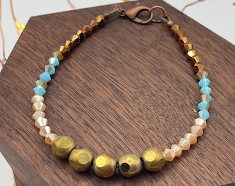 Boho Crystal and Brass Beaded Bracelet: Handmade Czech Glass & Antique Copper