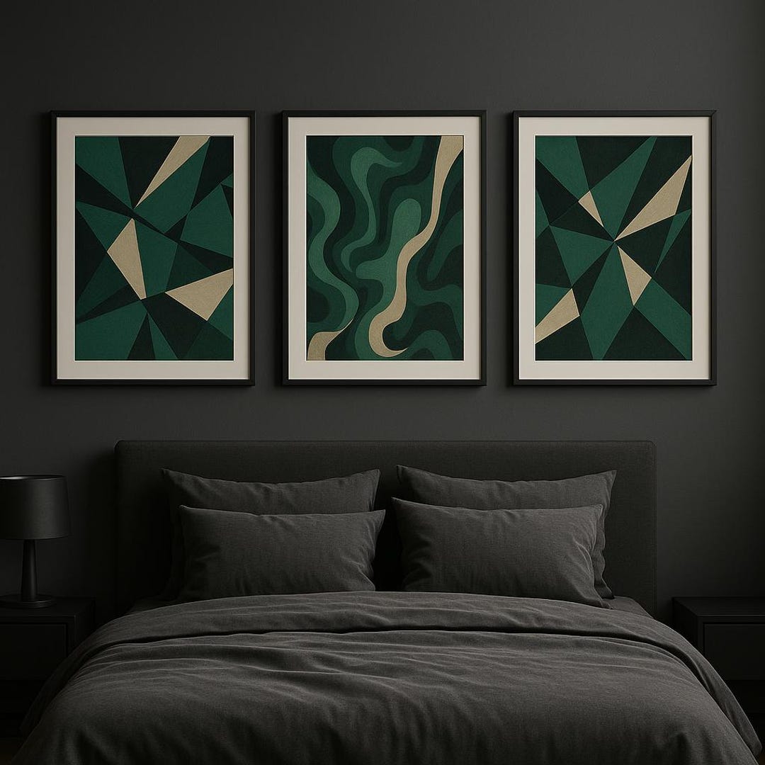 Abstract Wall Art Set of 3 – Jade Green, Beige, Black – Modern Neutral ...
