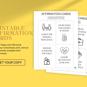 May include: Printable affirmation cards with various affirmations and icons. The cards are designed to be downloaded, printed, and cut. The image includes the text "Affirmation Cards" and "Get Your Copy."