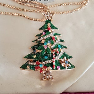 Fabulous rhinestone christmas tree necklace, tree pendant, rhinestone pendant, decorated tree