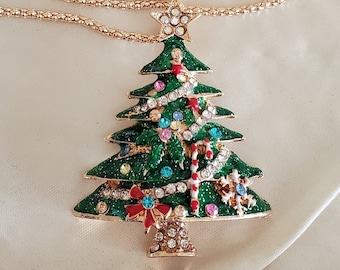 Fabulous rhinestone christmas tree necklace, tree pendant, rhinestone pendant, decorated tree