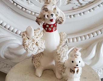 vintage white spaghetti Poodle dog and pup figure, poodle figurine, poodle dog set