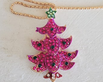 beautiful Hot Pink Rhinestone Tree necklace, Christmas necklace, pink Christmas craft jewelry
