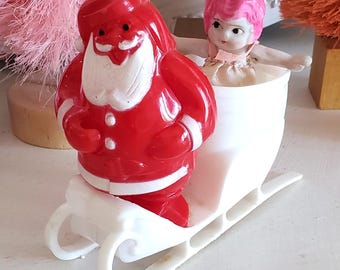 vintage Santa and sleigh Christmas figure, plastic Hong Kong sleigh, old time Christmas