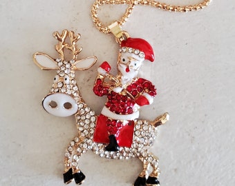 cutie pie Santa on a reindeer rhinestone necklace, rhinestone christmas, craft supply, christmas necklace