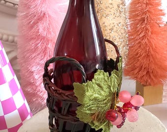 wine in a basket Christmas ornament, glass wine bottle, wine bottle ornament