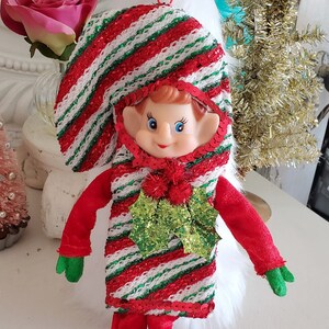 Christmas knee hugger pixie elf, Pixie ornament, elf ornament, Christmas tree, Candy cane