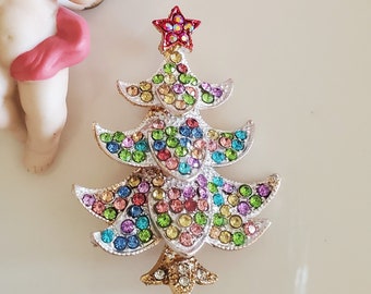 pretty multi color rhinestone Tree Brooch, Christmas tree brooch, tree pin, pink rhinestones, jewelry supply brooch