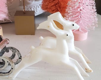 set of white vintage plastic reindeer, deer for sleigh, Christmas deer, made in Hong Kong