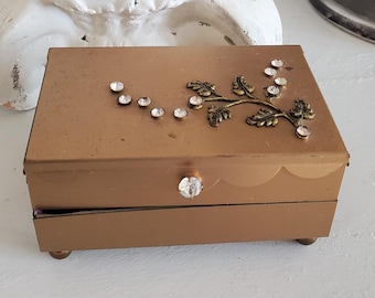 vintage brass jewelry box with jewels on top, gold brass box with rhinestones, pink lined