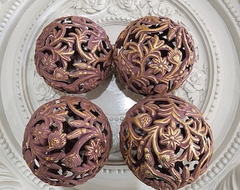 ornate mauve / gold ornament set, bowl fillers, gold Christmas lot, vintage style Christmas, filigree