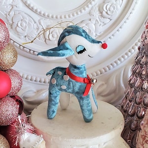 cutie pie Plush BLUE Fawn Deer Christmas Ornament With Bow Kitsch, reindeer ornament