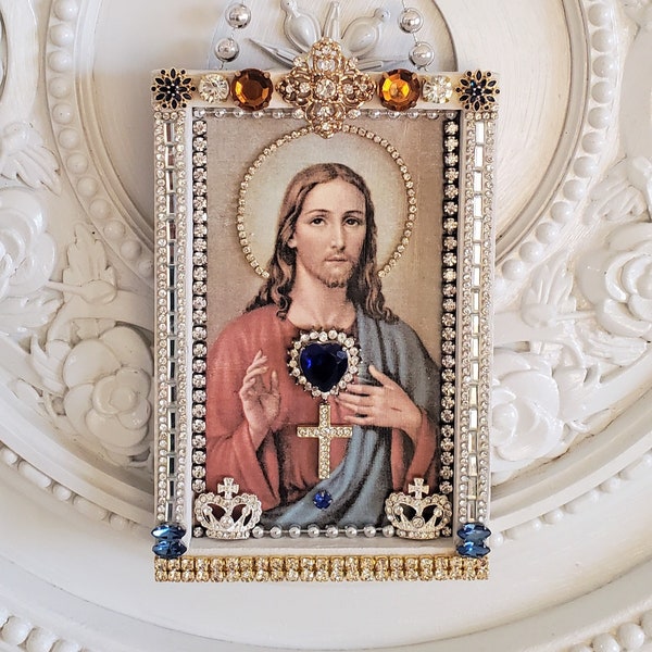 Vintage rhinestone Jesus Ornament, Jesus plaque, altered art Christmas, blue jewels, religious halo