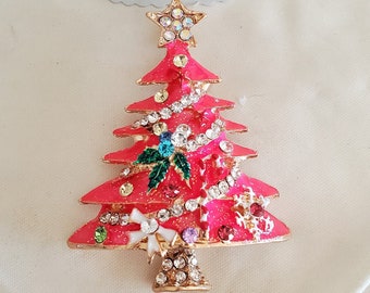 rhinestone pin Brooch vtg style Christmas tree, jewelry supply brooch, Pink Christmas, neon pink brooch