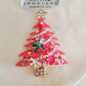 rhinestone pin Brooch vtg style Christmas tree, jewelry supply brooch, Pink Christmas, neon pink brooch