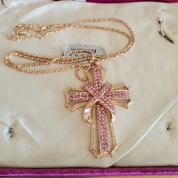 Light Pink Beaded Necklace with Silver Cross Pendant Embellished with Pink Rhinestones main image 0