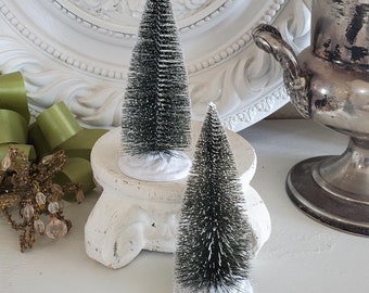 2 6" Christmas village trees, green trees, make a vignette, bottle brush tree set