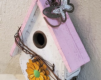 vintage wooden birdhouse with PINK roof, Wooden house, metal flower, cottage house