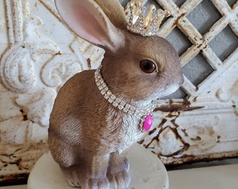 sweet Easter bunny statue, Rhinestone crown, rhinestone trim, easter rabbit, rabbit figure, rabbit statue