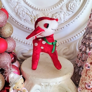 Plush RED Fawn Deer Christmas Ornament With Bow Kitsch, reindeer ornament