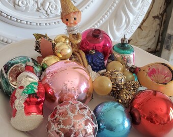 old vintage glass ORNAMENTS lot Christmas bulbs KITCHY, Indent ornament lot, antique Christmas