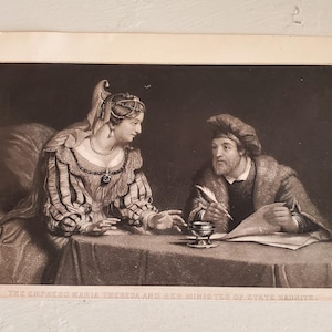 Antique Etching Empress Maria Theresa and Minister Kaunitz, vintage engraving very old, holy roman empress
