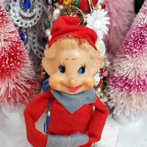 vintage red knee hugger pixie ornament, Vintage christmas elf, 1960&#39;s