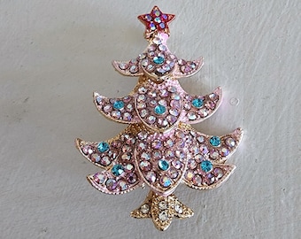 Pink / French blue Christmas tree brooch, Shabby brooch, pink pin, rhinestone brooch, crafting Christmas bouquets