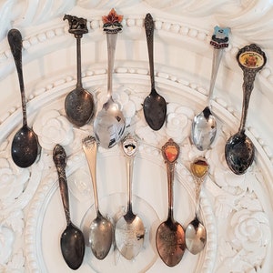 11 pc vintage miniature spoons, souvenir spoon, Calgary, South Carolina, figural, Swansea, Longaberger basket