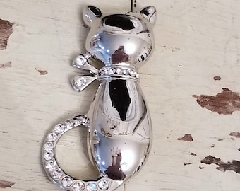 silver metal Cat brooch pin rhinestone tail and collar vintage style