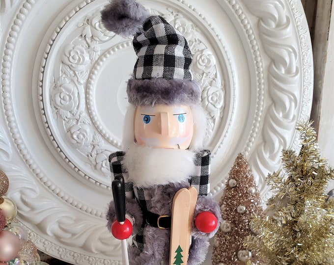 Black and White Nutcracker With Skies, Christmas Figure, Nutcracker