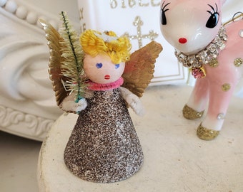 vintage cotton spun angel, silver angel, angel ornament, vintage Christmas ornament