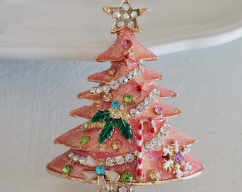 rhinestone pin Brooch vtg style Christmas tree paris boudior jewelry, Pink Christmas, pink brooch
