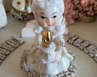 vintage Norcrest angel statue, christmas angel, angel figure, spaghetti trimmed angel