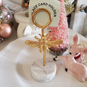 gold Bumble Bee place card holder, Christmas card holder, marble base