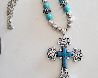 Chunky large cross necklace, turquoise jewelry, silver beads, rhinestone cross necklace