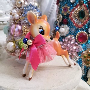 tulle collar deer figure ornament , Pink Kitchsy Christmas, reindeer ornament